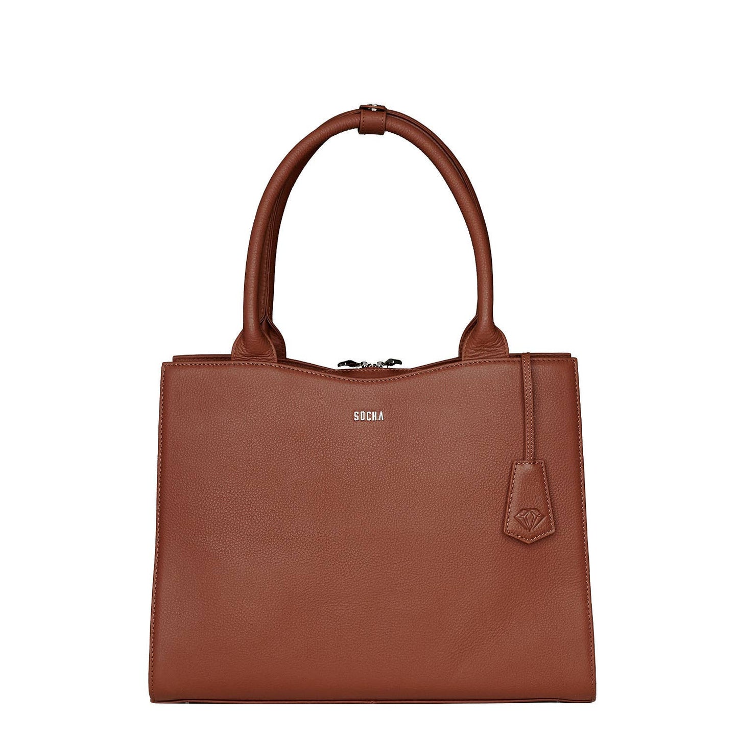 A cognac brown leather laptop handbag with a structured design, featuring two handles and a removable shoulder strap