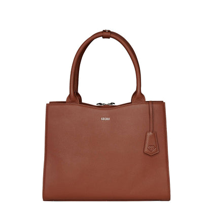 A cognac brown leather laptop handbag with a structured design, featuring two handles and a removable shoulder strap