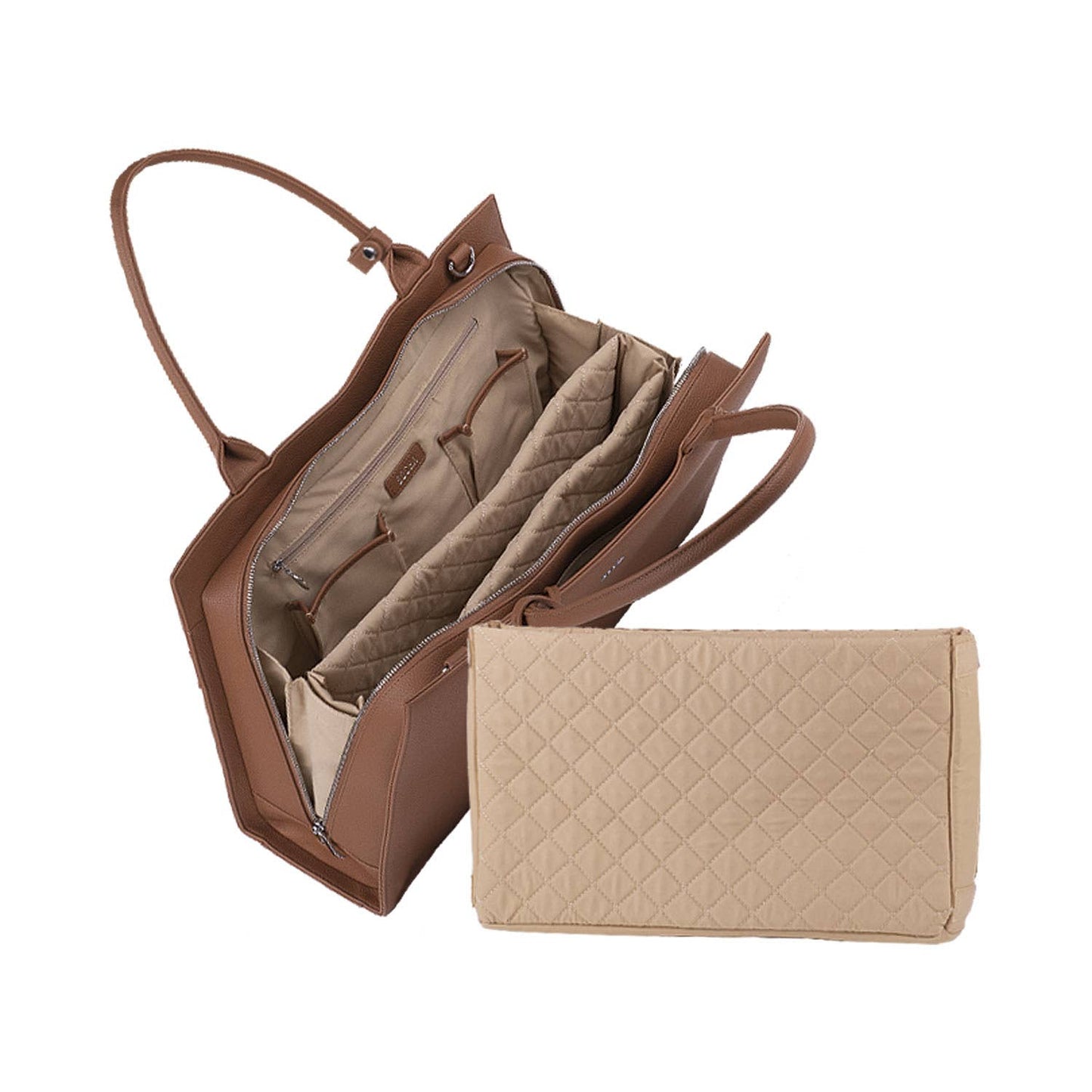 A cognac brown leather laptop handbag with a structured design, featuring two handles, a removable shoulder strap and laptop pouch