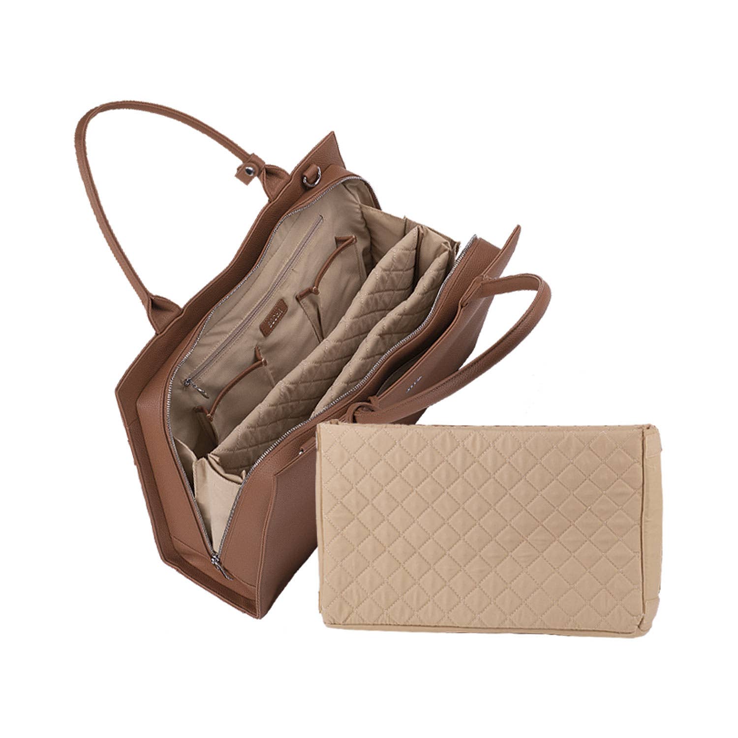 A cognac brown leather laptop handbag with a structured design, featuring two handles, a removable shoulder strap and laptop pouch