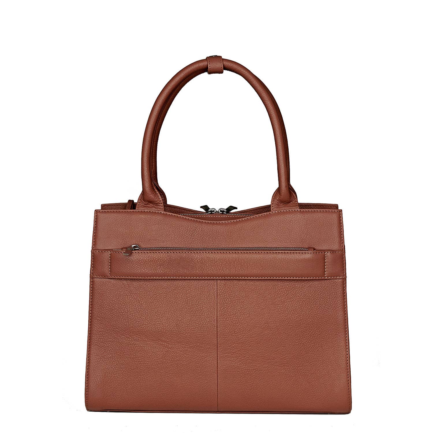 A cognac brown leather laptop handbag with a structured design, featuring two handles and a removable shoulder strap