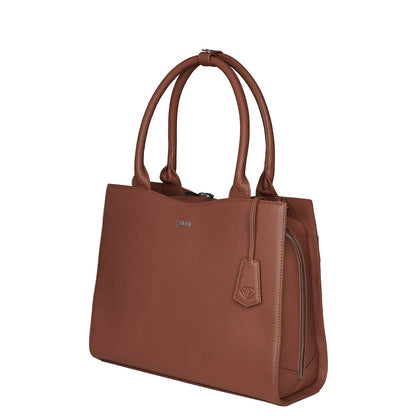 A cognac brown leather laptop handbag with a structured design, featuring two handles and a removable shoulder strap