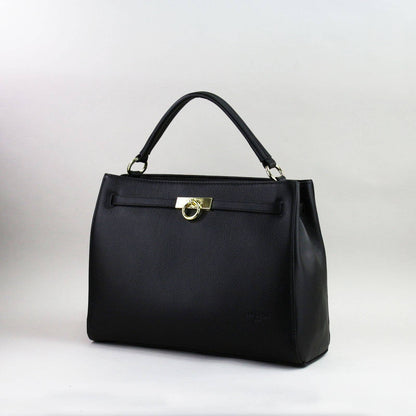 Black leather laptop handbag with a silver clasp on a light grey background