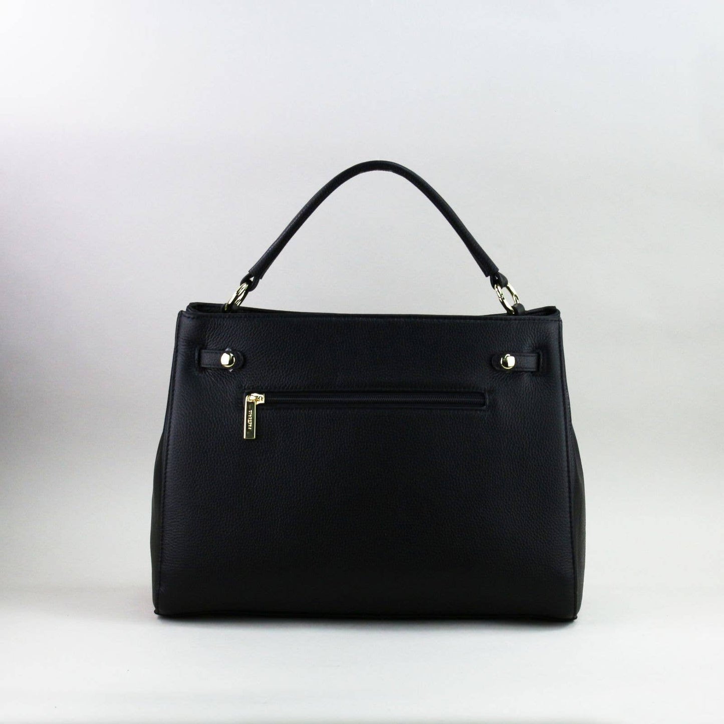 Black leather laptop handbag with silver accents on a light grey background