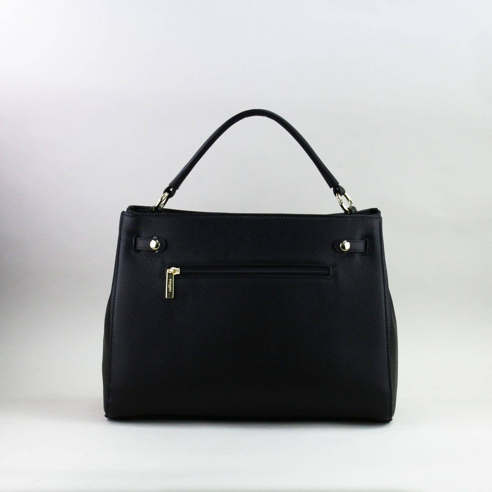 Black leather laptop handbag with silver accents on a light grey background