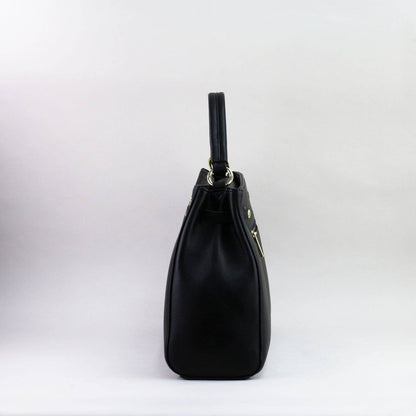 Black leather laptop handbag on a light grey background