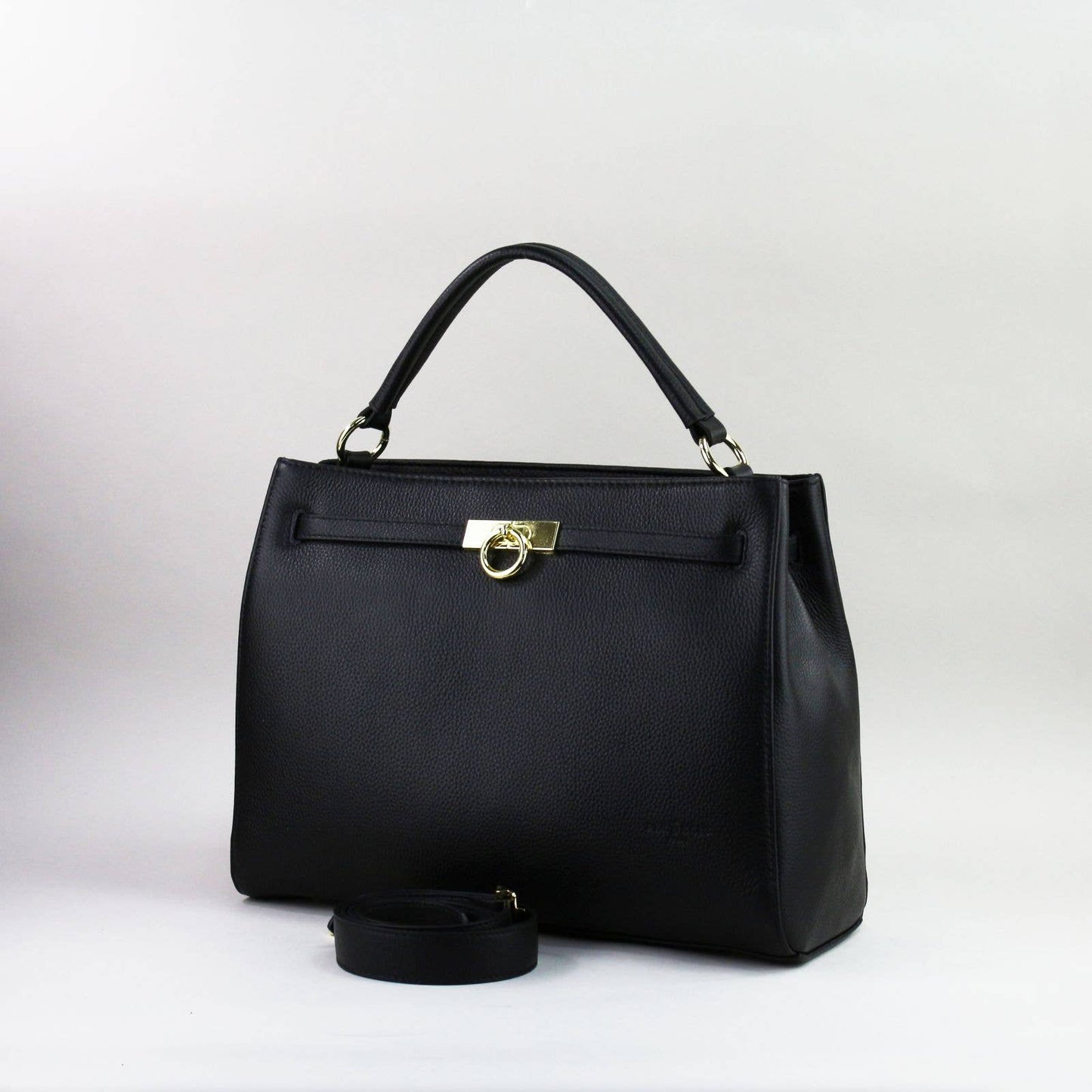 Black leather laptop handbag with a silver clasp on a light grey background