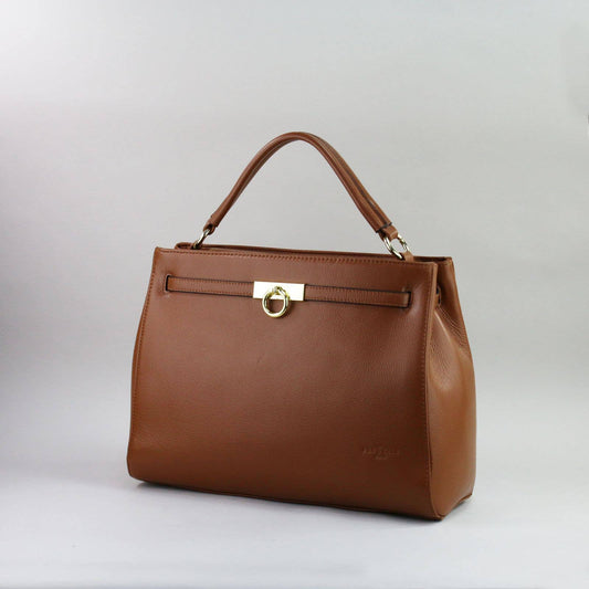 Brown leather laptop handbag with a silver clasp on a light grey background