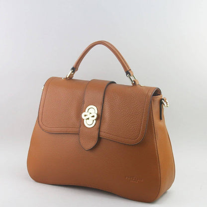 Brown leather laptop handbag with a silver clasp on a light grey background