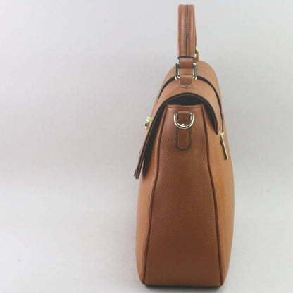 Brown leather laptop handbag on a light grey background