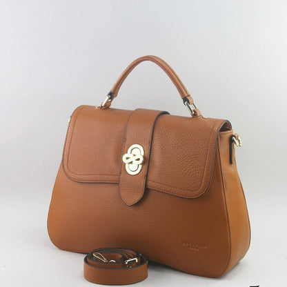 Brown leather laptop handbag with a silver clasp on a light grey background