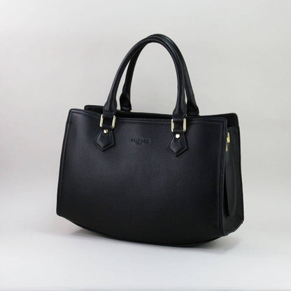 Black leather laptop handbag with silver accents on a light grey background