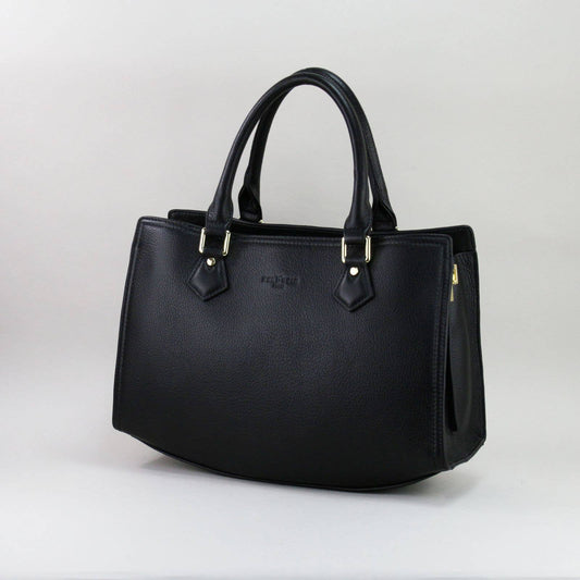 Black leather laptop handbag with silver accents on a light grey background