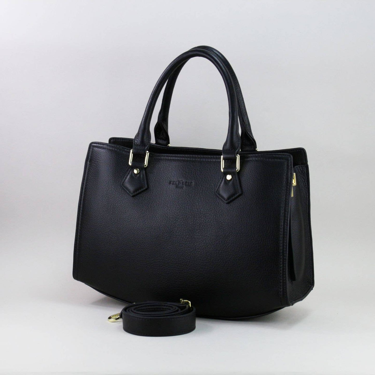 Black leather laptop handbag with silver accents on a light grey background