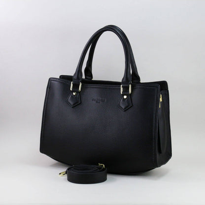 Black leather laptop handbag with silver accents on a light grey background