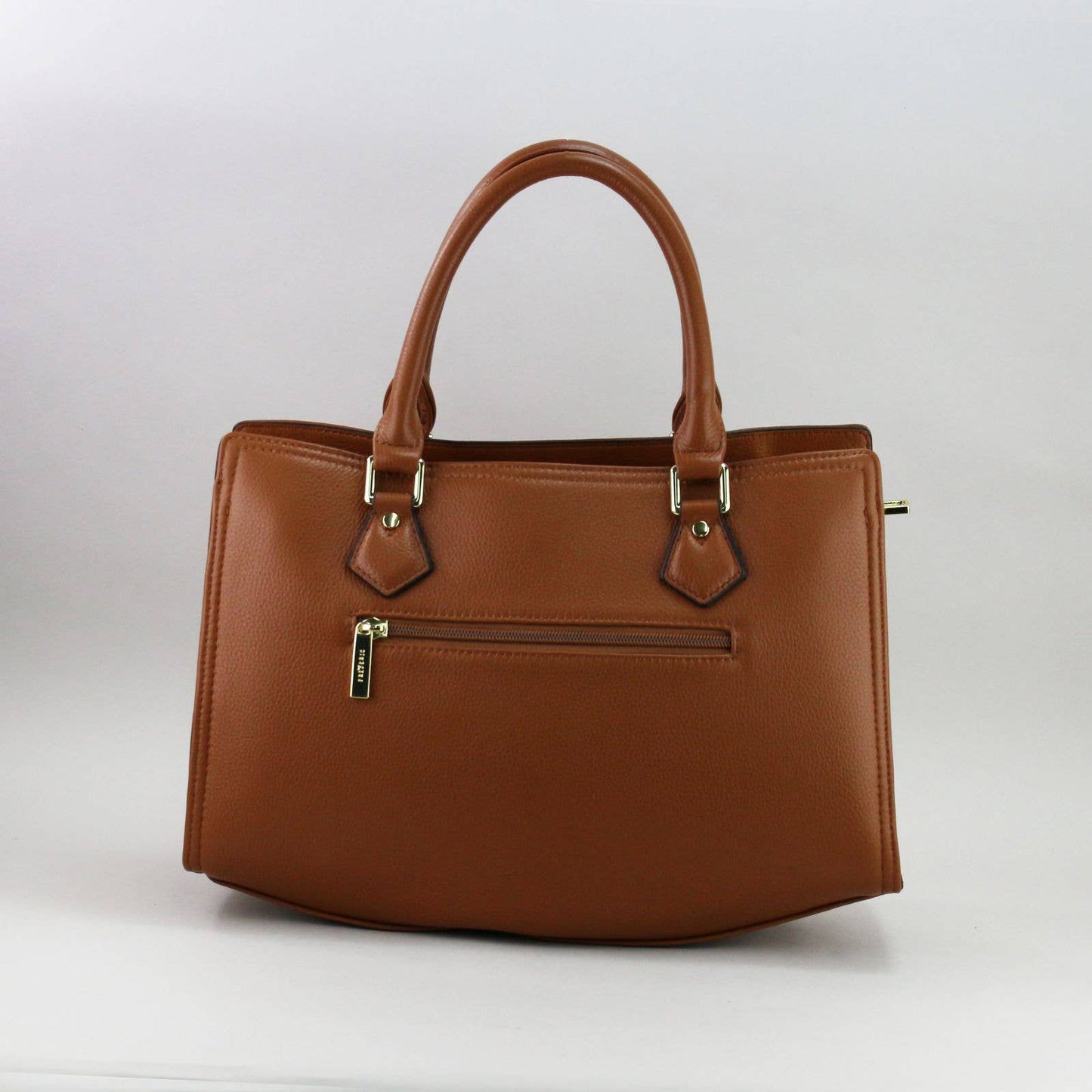Brown leather laptop handbag with silver accents on a light grey background