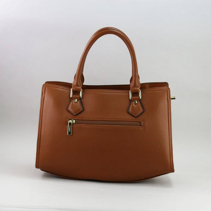 Brown leather laptop handbag with silver accents on a light grey background
