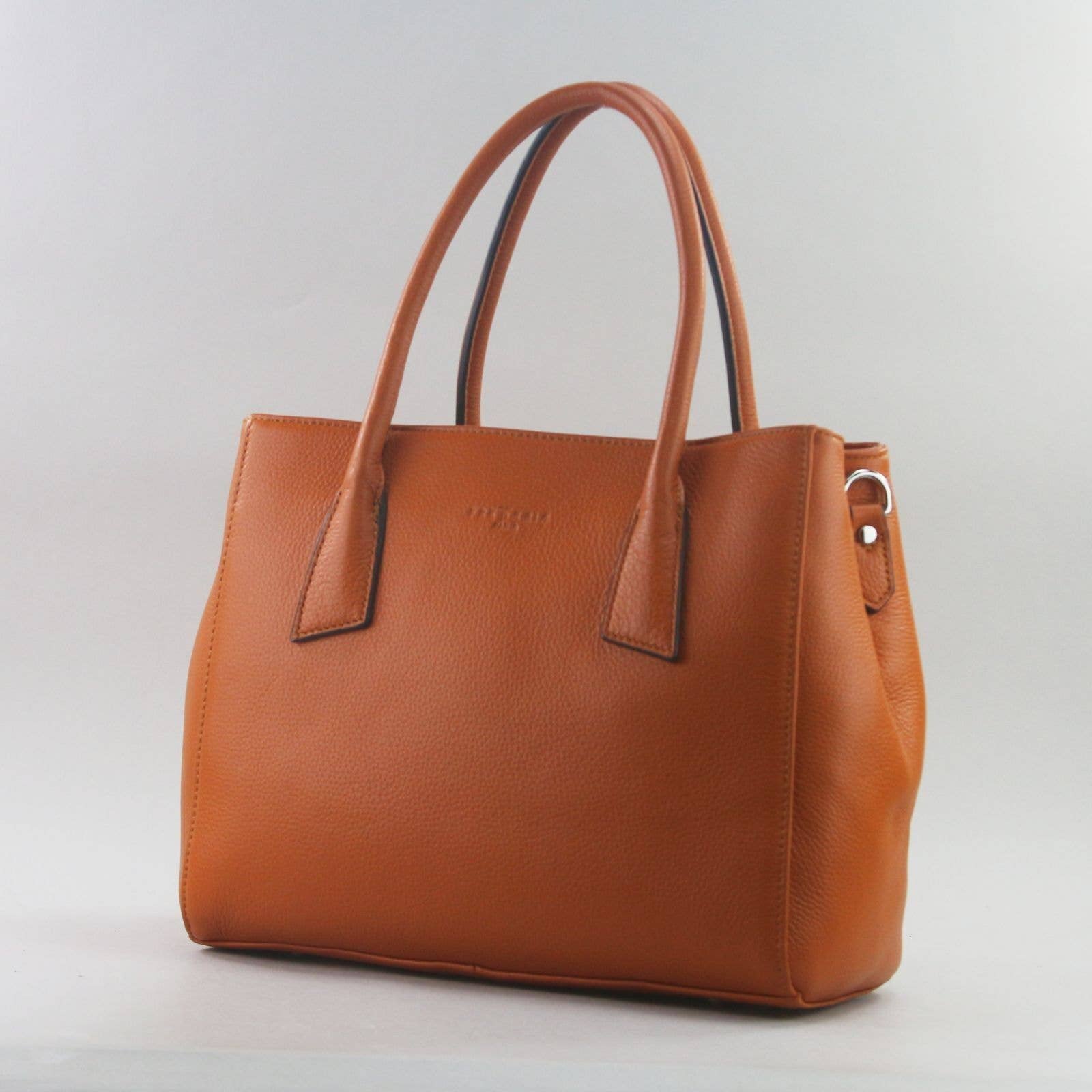 Orange leather laptop handbag on a light grey background