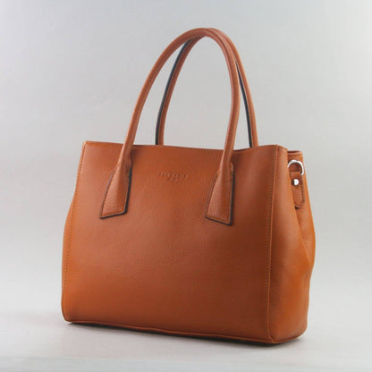 Orange leather laptop handbag on a light grey background