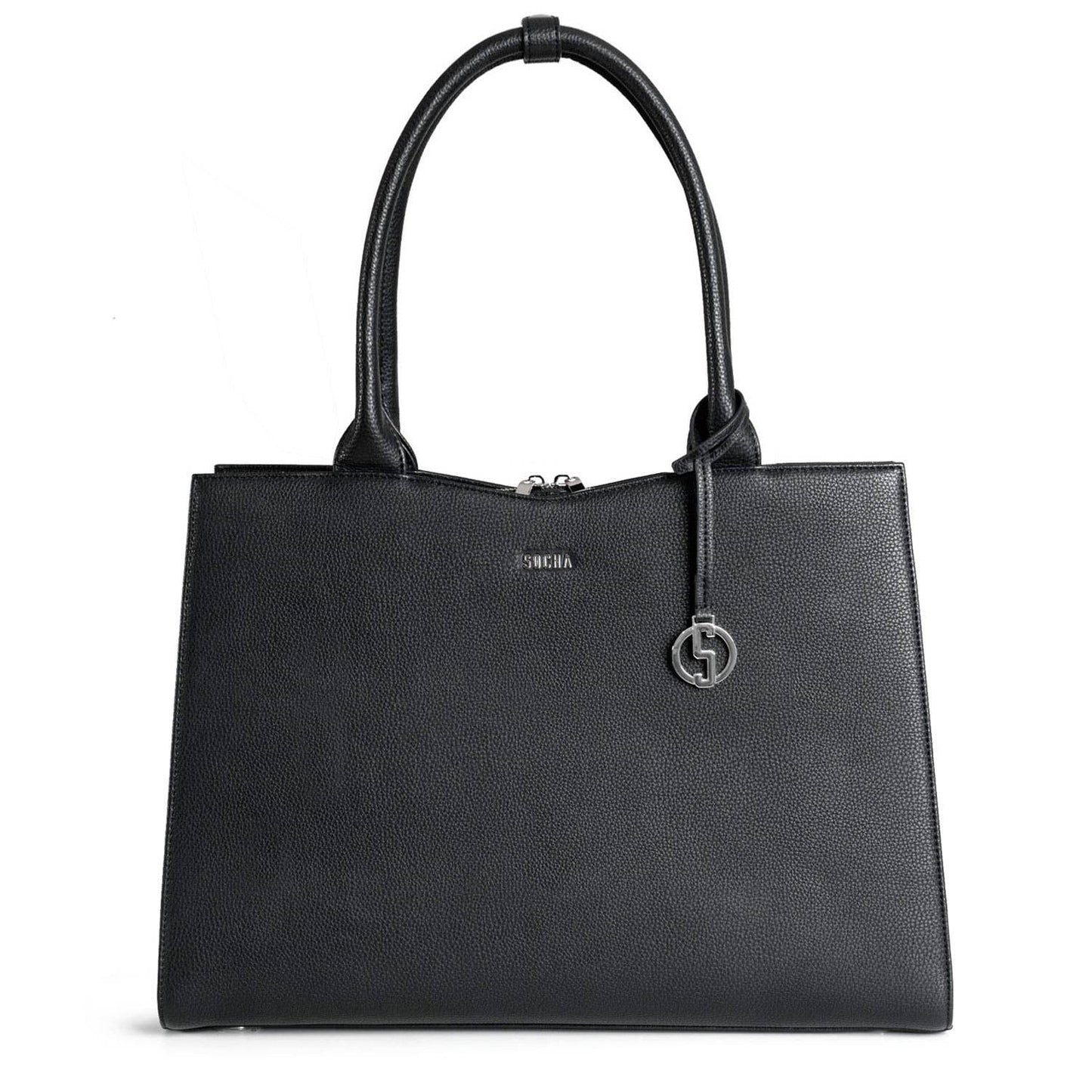 Black 15.6" laptop handbag with a structured design, visible brand logo, and a removable shoulder strap