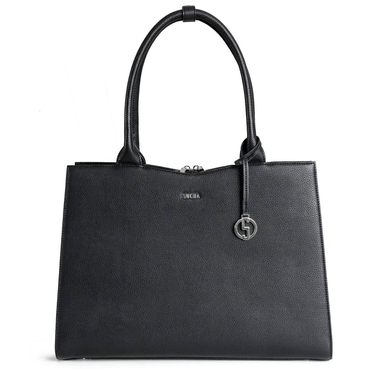 Black 15.6" laptop handbag with a structured design, visible brand logo, and a removable shoulder strap