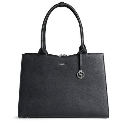 Black 15.6" laptop handbag with a structured design, visible brand logo, and a removable shoulder strap