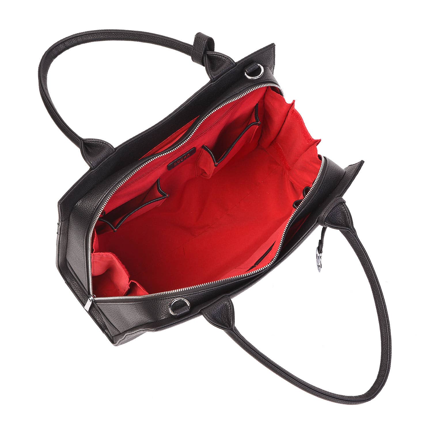 An open black 15.6" laptop handbag with a structured design