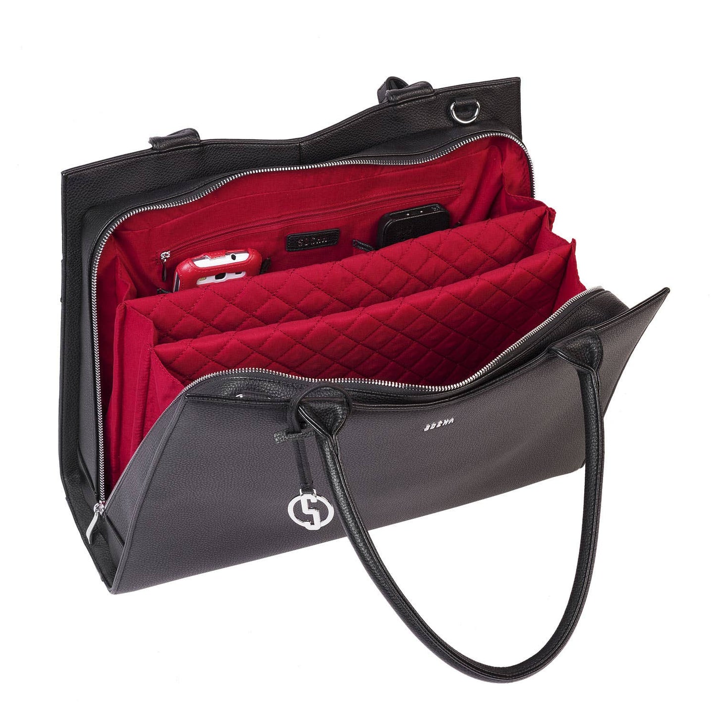 An open black 15.6" laptop handbag with a structured design and removable laptop pouch 