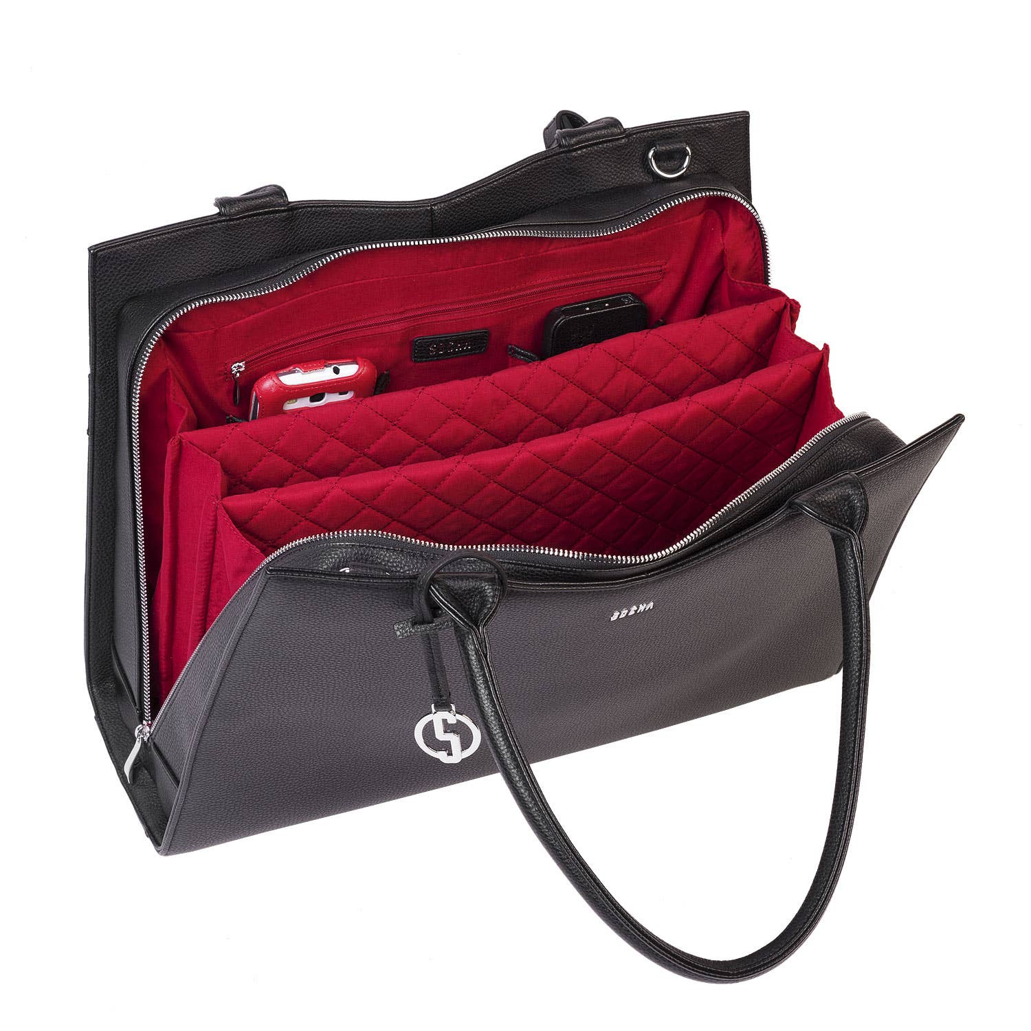 An open black 15.6" laptop handbag with a structured design and removable laptop pouch 