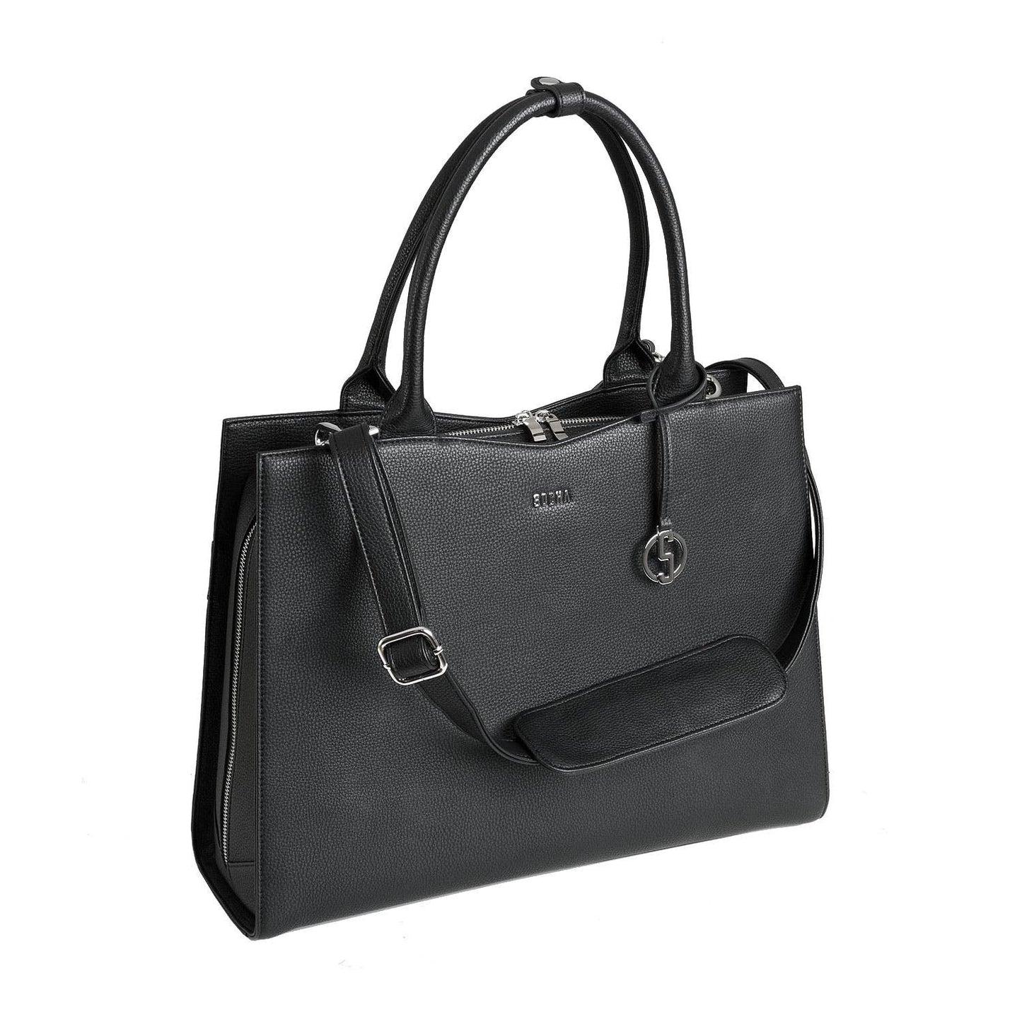 Black 15.6" laptop handbag with a structured design, visible brand logo, and a removable shoulder strap