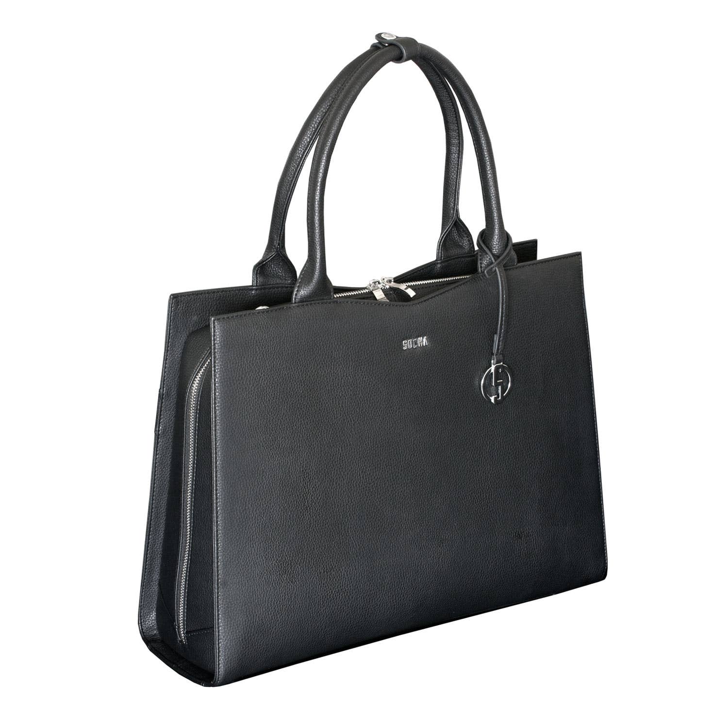 Black 15.6" laptop handbag with a structured design, visible brand logo, and a removable shoulder strap