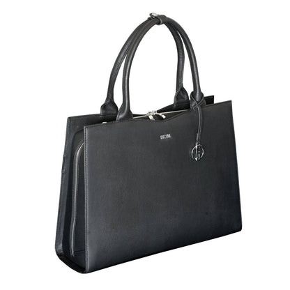 Black 15.6" laptop handbag with a structured design, visible brand logo, and a removable shoulder strap