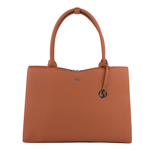 A cognac brown 15.6" laptop handbag with a structured design, featuring a removable shoulder strap, a front zipper pocket, and a logo charm
