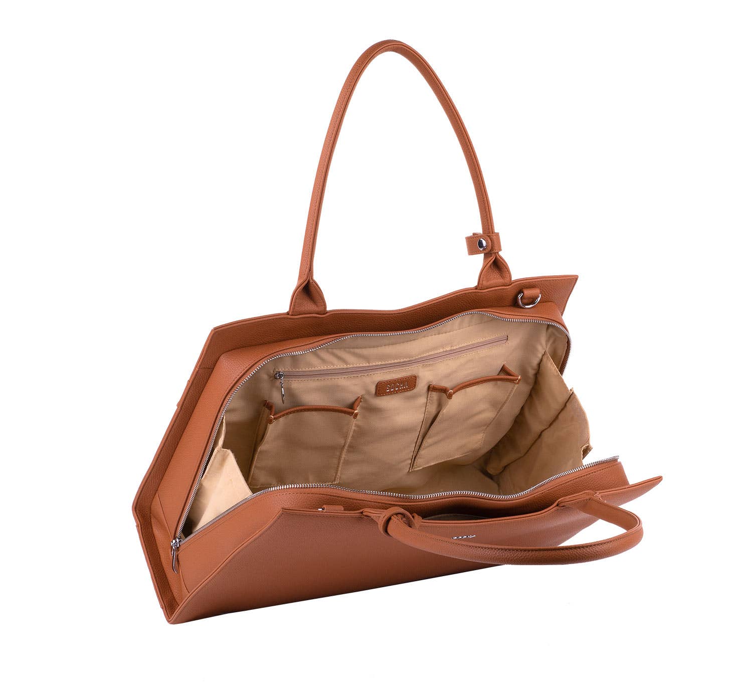 An open cognac brown 15.6" laptop handbag with a structured design