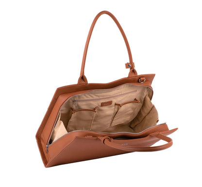 An open cognac brown 15.6" laptop handbag with a structured design