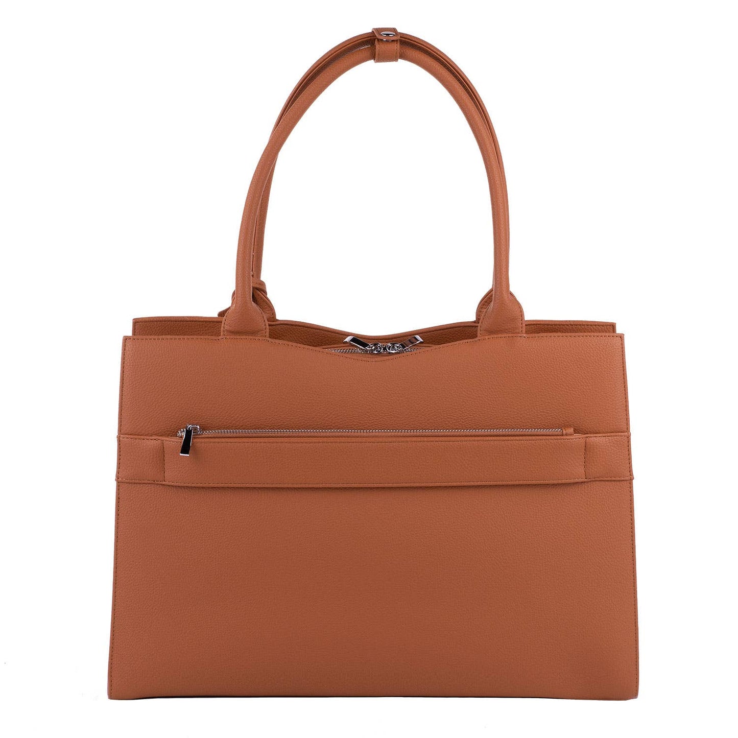A cognac brown 15.6" laptop handbag with a structured design