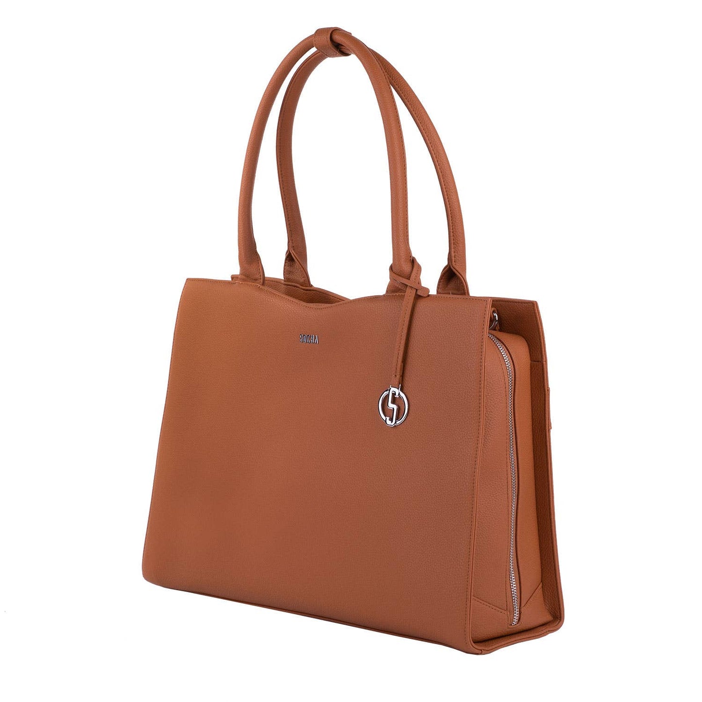 A cognac brown 15.6" laptop handbag with a structured design, featuring a removable shoulder strap, a front zipper pocket, and a logo charm