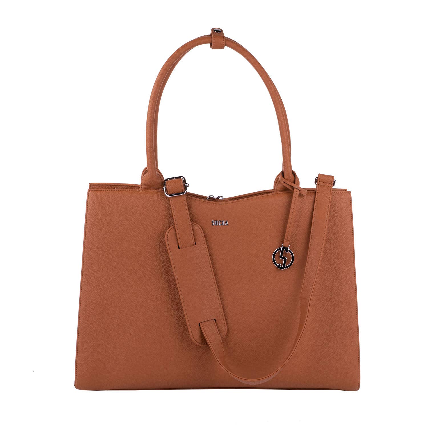 A cognac brown 15.6" laptop handbag with a structured design, featuring a removable shoulder strap, a front zipper pocket, and a logo charm