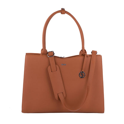 A cognac brown 15.6" laptop handbag with a structured design, featuring a removable shoulder strap, a front zipper pocket, and a logo charm
