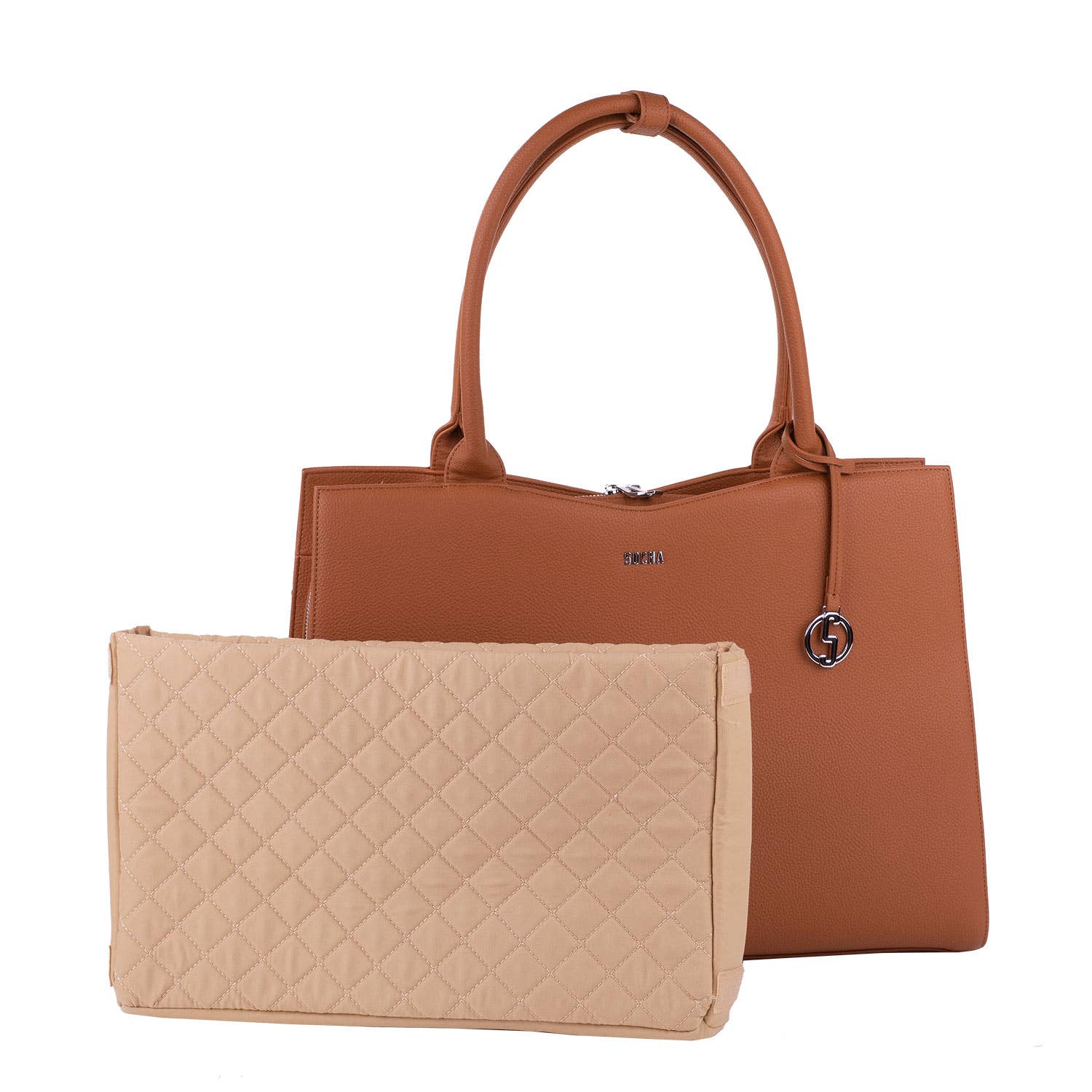 A cognac brown 15.6" laptop handbag with a structured design, featuring a removable laptop pouch and a logo charm