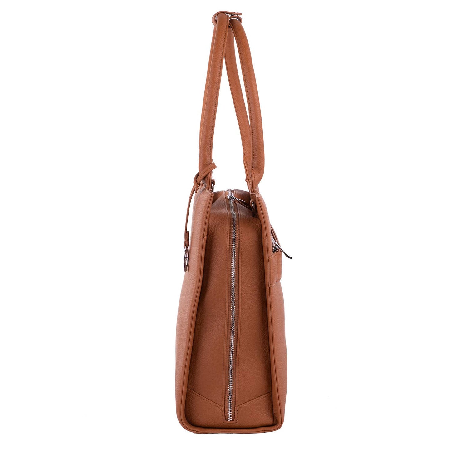 A cognac brown 15.6" laptop handbag with a structured design