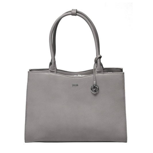 A grey 15.6" laptop handbag with a sleek design, featuring two handles, a detachable shoulder strap, and a front zipper pocket