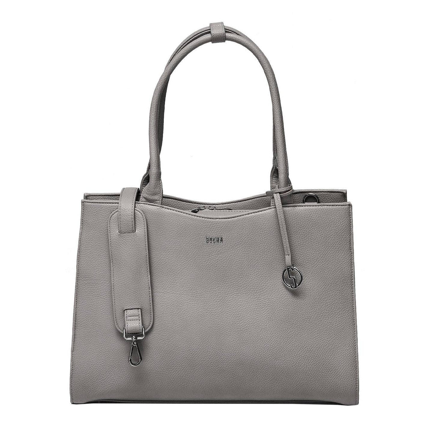 A grey 15.6" laptop handbag with a sleek design, featuring two handles, a detachable shoulder strap, and a front zipper pocket