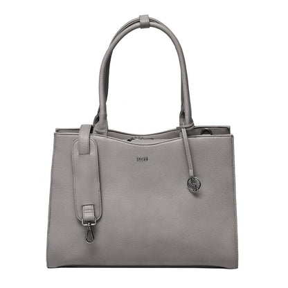 A grey 15.6" laptop handbag with a sleek design, featuring two handles, a detachable shoulder strap, and a front zipper pocket