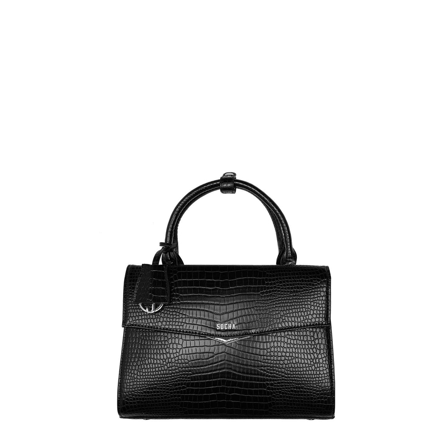 A black laptop handbag with a glossy crocodile-effect finish, featuring a secure zip closure and a removable shoulder strap.