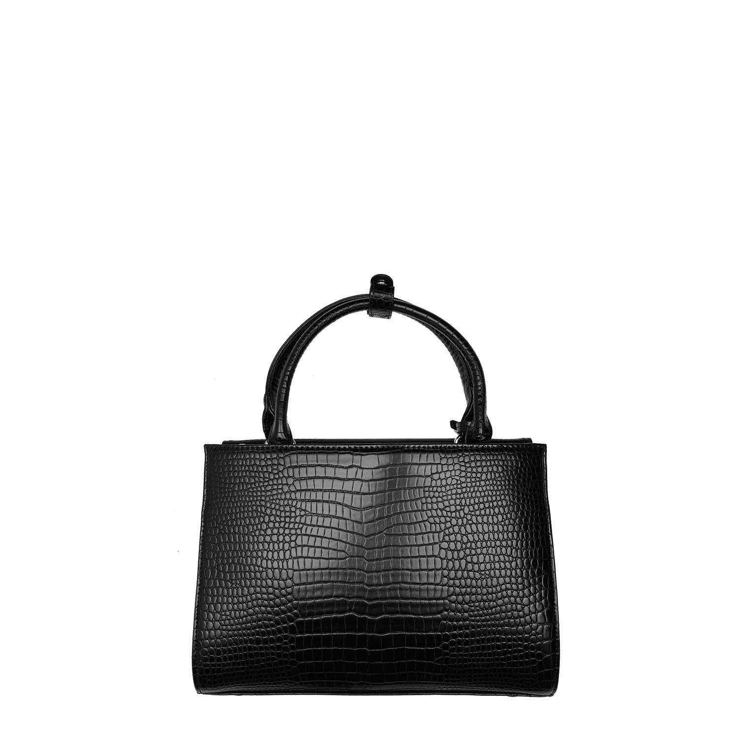 A black laptop handbag with a glossy crocodile-effect finish, featuring a secure zip closure and a removable shoulder strap.