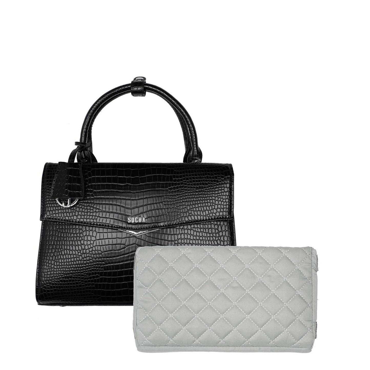 A black laptop handbag with a glossy crocodile-effect finish, featuring a secure zip closure and removable laptop pouch