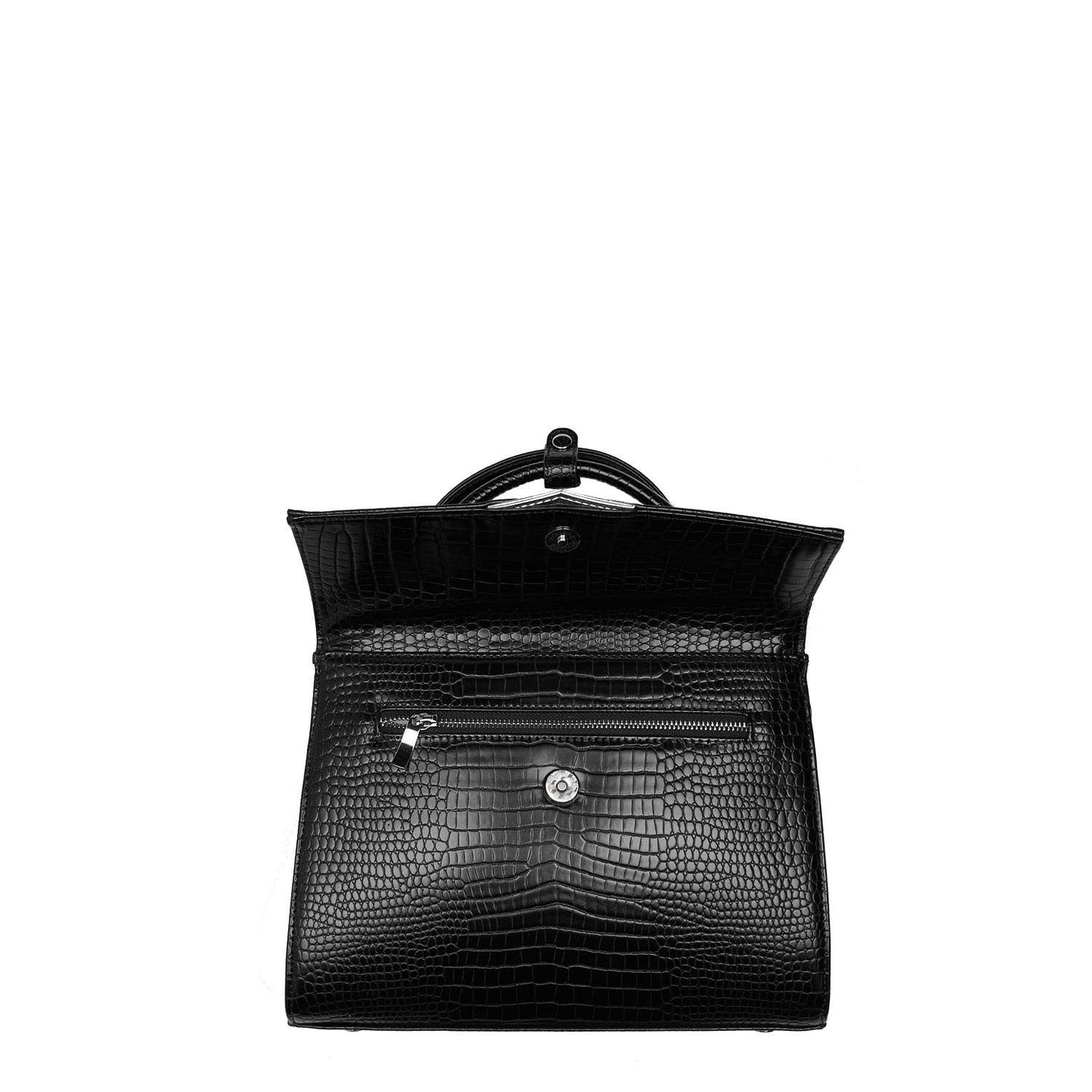 A black laptop handbag with a glossy crocodile-effect finish, featuring a secure zip closure and a removable shoulder strap