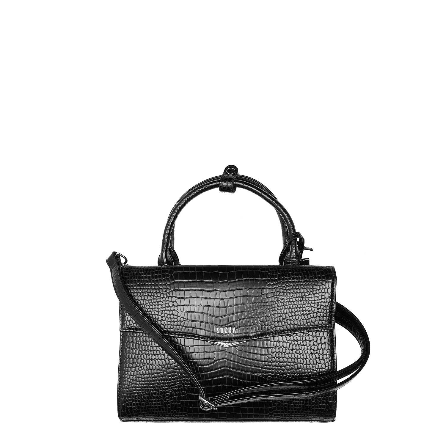 A black laptop handbag with a glossy crocodile-effect finish, featuring a secure zip closure and a removable shoulder strap