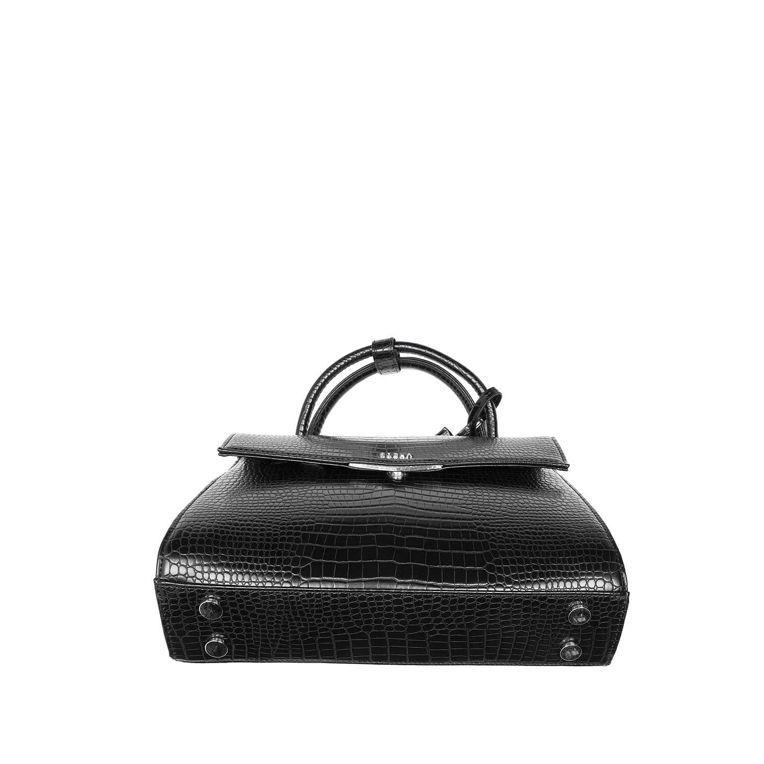 A black laptop handbag with a glossy crocodile-effect finish, featuring a secure zip closure and a removable shoulder strap